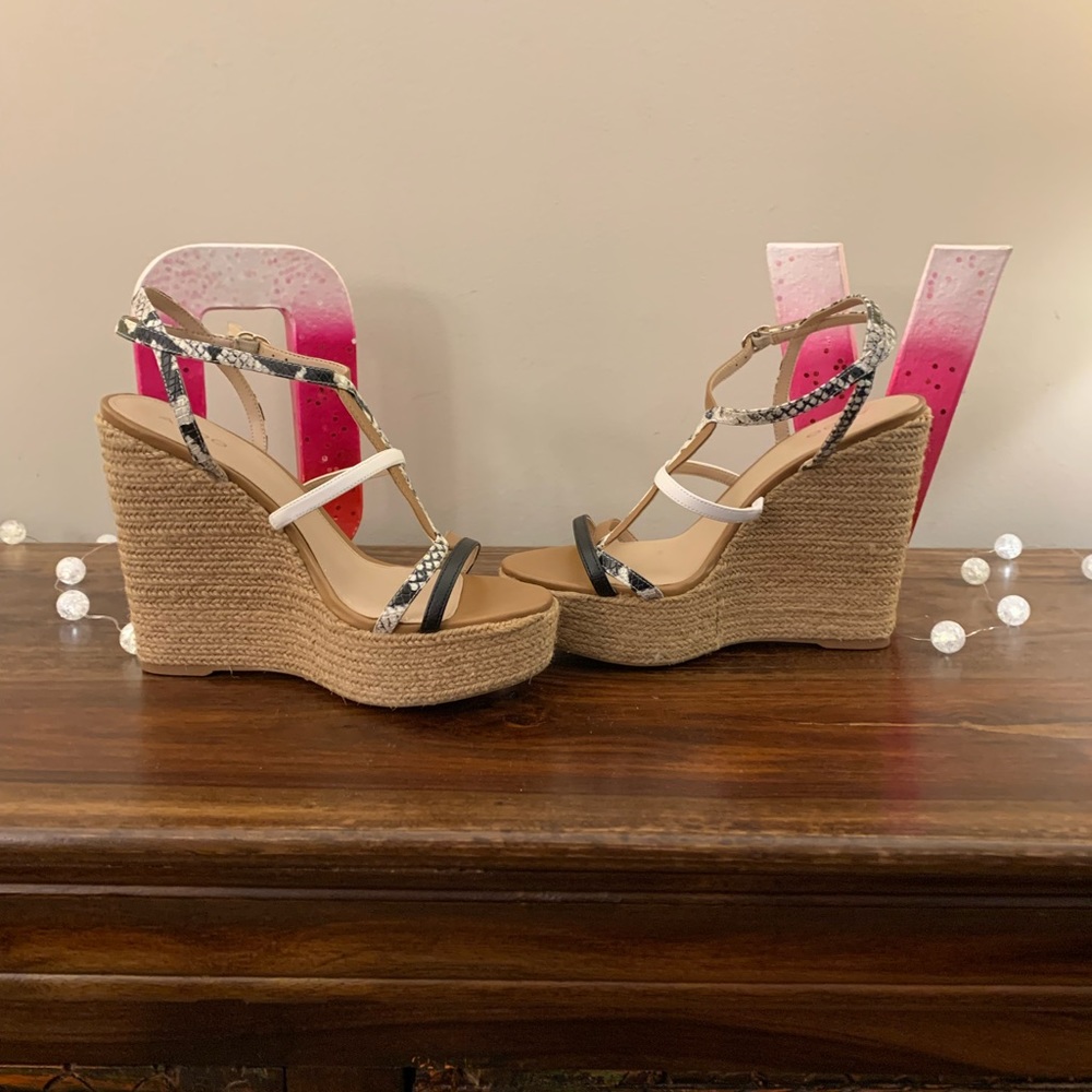 ALDO Espadrille High Wedge Sandals; Black Pearl faux Snakeskin/White